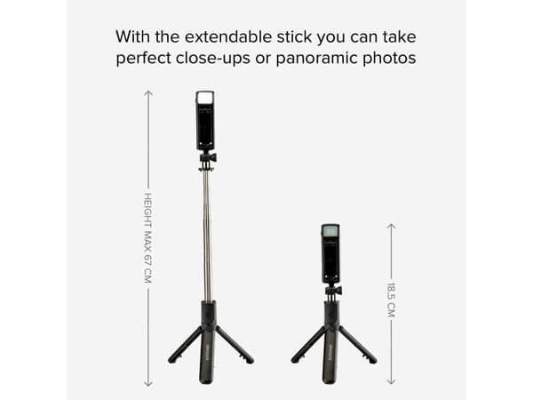 SBS Universal selfie stick, jossa on sisäänrakennettu LED-valo ja jalusta, musta