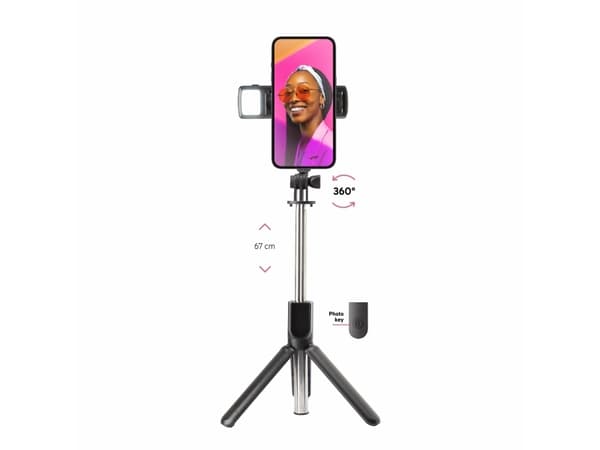 SBS Universal selfie stick, jossa on sisäänrakennettu LED-valo ja jalusta, musta