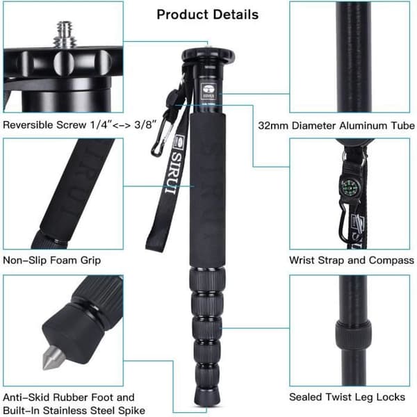 SIRUI Monopod Kamera, 6 Sektioner Bärbar Monopod i Aluminiumlegering, Multifunktionell Resemonopod i Hög Kvalitet