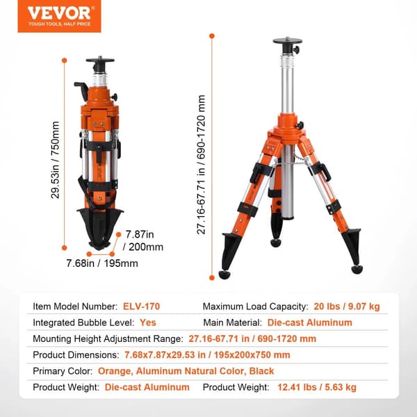 Laser Niveau Stativ, Maksimal Belastning 20 lbs, Højdejusterbar 27,16-67,71 in,Lift-type