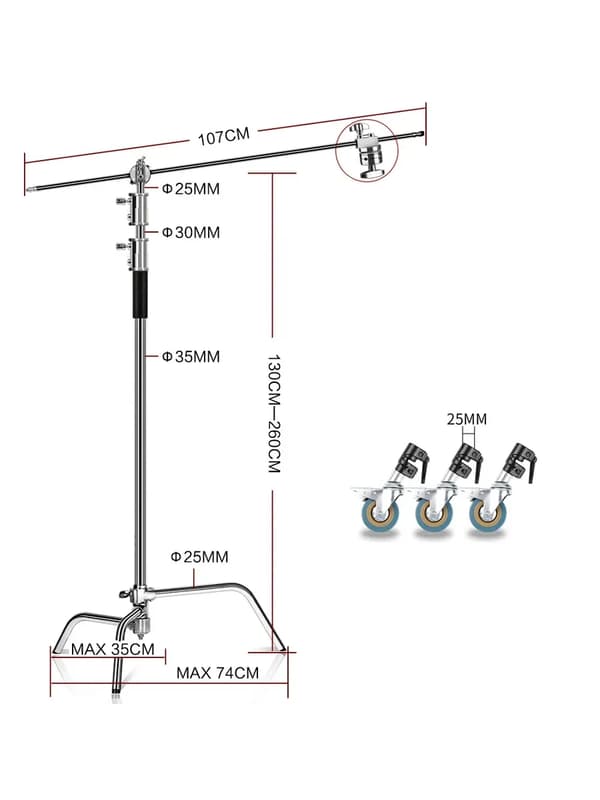 Fotografi C-Stand Lystativ, Justerbar Glidende Ben, Holdbart Rustfrit Stål,2.6M med hjul