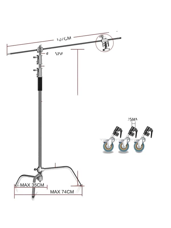 Fotografi C-Stand Lystativ, Justerbar Glidende Ben, Holdbart Rustfrit Stål,2.6M med hjul
