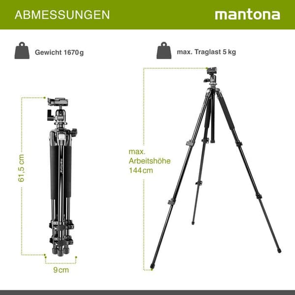 Stativ för Kamera - Mantona - Scout - Anodiserad Aluminium - Kulhuvud ingår - Snabbspänningssystem