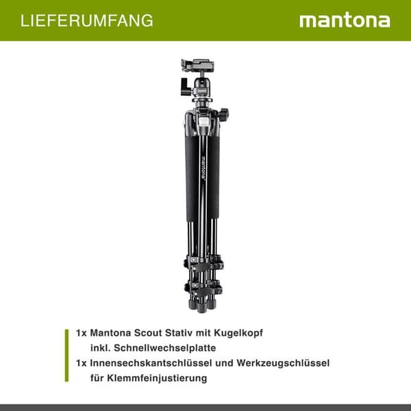 Stativ för Kamera - Mantona - Scout - Anodiserad Aluminium - Kulhuvud ingår - Snabbspänningssystem