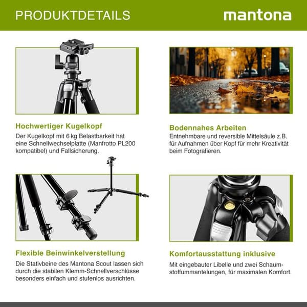 Stativ för Kamera - Mantona - Scout - Anodiserad Aluminium - Kulhuvud ingår - Snabbspänningssystem