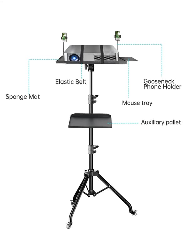 Projektor Tripod Stativ, Justerbar Højde 23-63", Inkluderer Musetray og Telefonholder,145 cm med hjul