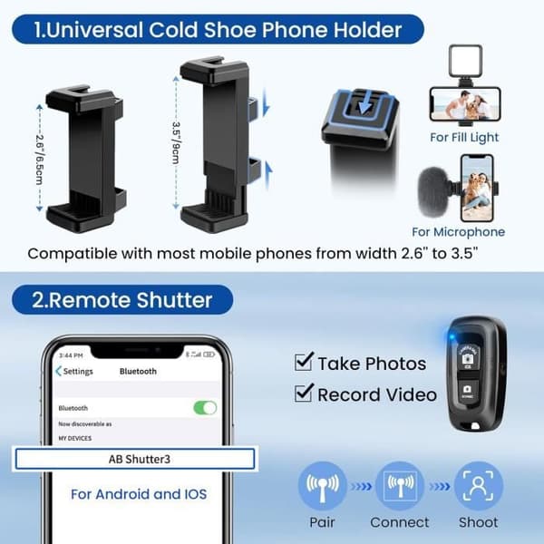 Smartphone-stativ - Victiv - 162 cm - Lätt aluminium - Fjärrkontroll - 3-vägs roterande huvud