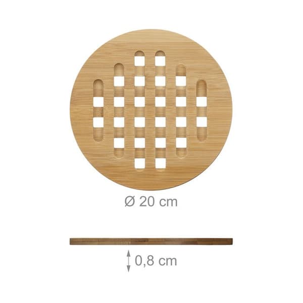 Relaxdays Underlägg, runda, bambu, set med 4 grytunderlägg, kastrull, stekpanna, trä, 20 cm diameter, natur