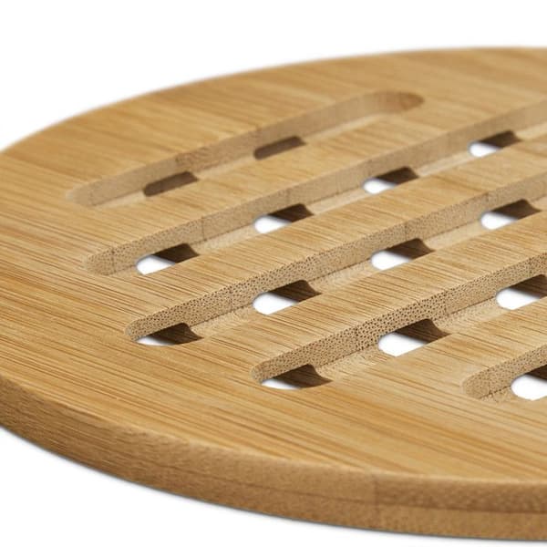Relaxdays Underlägg, runda, bambu, set med 4 grytunderlägg, kastrull, stekpanna, trä, 20 cm diameter, natur