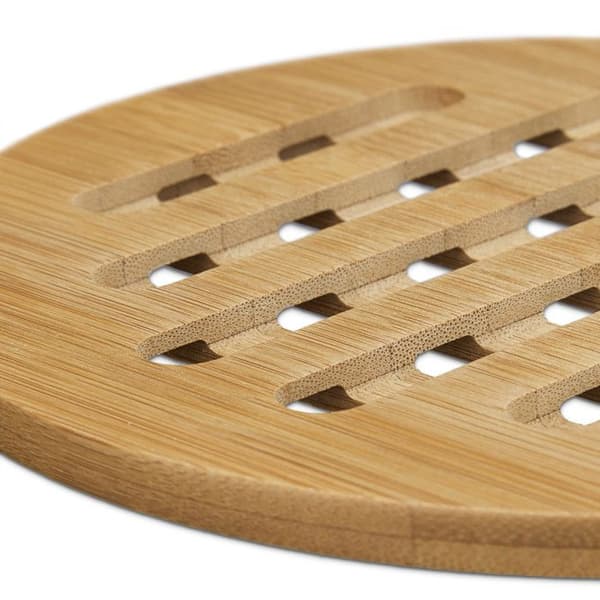 Relaxdays Underlägg, runda, bambu, set med 4 grytunderlägg, kastrull, stekpanna, trä, 20 cm diameter, natur