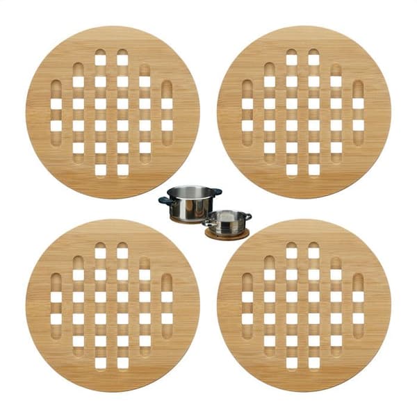 Relaxdays Underlägg, runda, bambu, set med 4 grytunderlägg, kastrull, stekpanna, trä, 20 cm diameter, natur