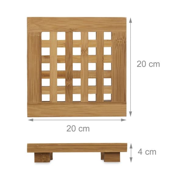 Relaxdays fyrkantig bambuunderlägg HxBxD: 4 x 20 x 20 cm Set med 2 för grytor Kokkärl Tvättbar, naturlig