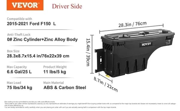 Kuorma-auton säilytyslaatikko, lukittava kansi, vedenpitävä ABS-pyöräkotelot., Ford F-150 A