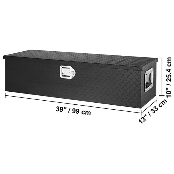 Kuorma-auton työkalulaatikko, korkealuokkainen alumiini, sivukahvat, lukittava avainten säilytys., 39x13x10 musta