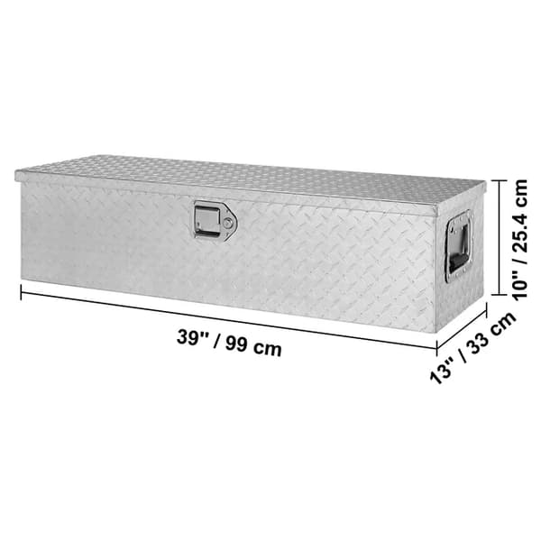 Kuorma-auton työkalulaatikko, korkealuokkainen alumiini, sivukahvat, lukittava avainten säilytys., 39x13x10 hopeanvärinen