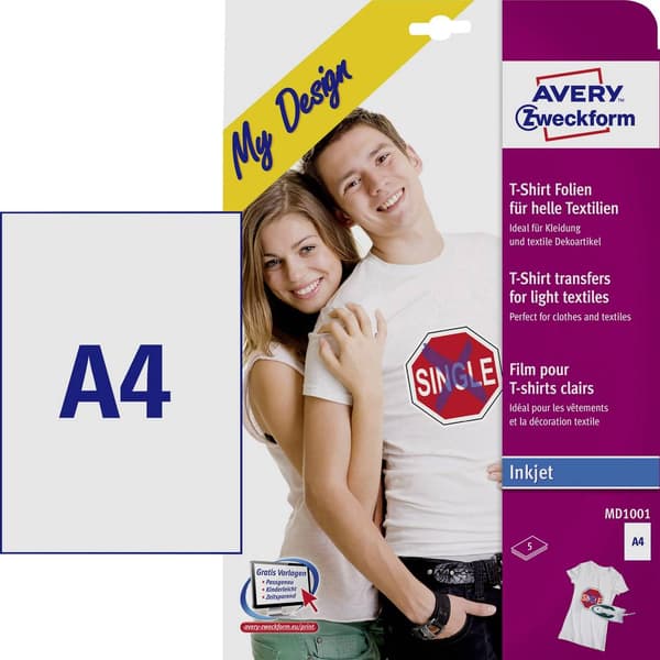 Avery-Zweckform My Design T-Shirt MD1001 Textilfolie bläckstråle DIN A4 för ljusa textilier, Optimerad för bläckstråles