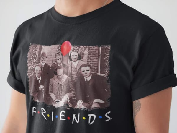 Svart skräckfilm t-shirt Pennywise Jason Jigsaw & friends horror