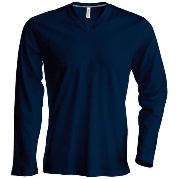 Kariban Mens Slim Fit Long Sleeve V Neck T-Shirt Navy 2XL