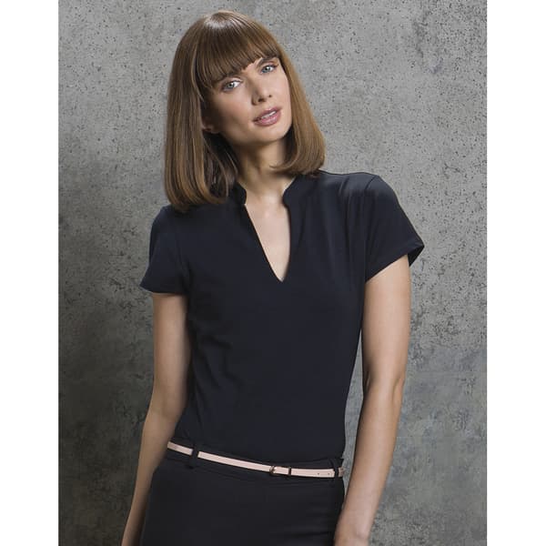 Kustom Kit Ladies Corporate kortärmad V-hals med mandarin krage topp med kort ärm