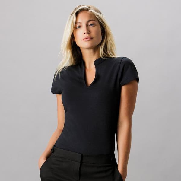Kustom Kit Ladies Corporate kortärmad V-hals med mandarin krage topp med kort ärm