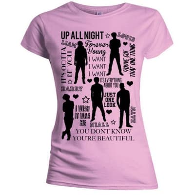 One Direction Ladies T-Shirt: Silhouette Lyrics Black on Pink (Skinny Fit) (Small)