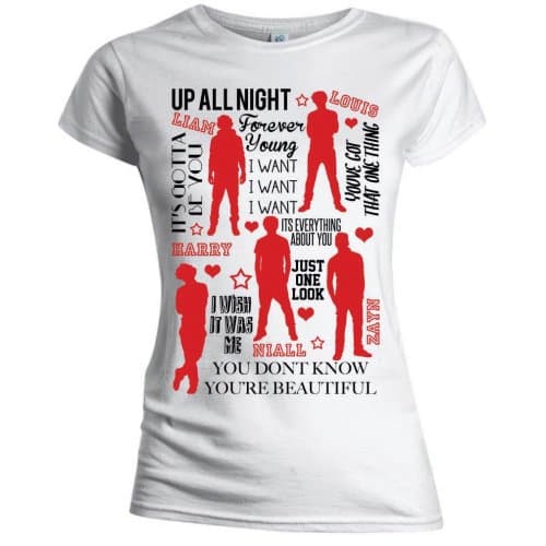 One Direction Ladies Tee: Silhouette Lyrics Red on White (Skinny Fit) (Medium)