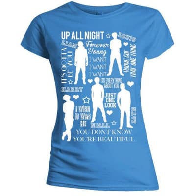 One Direction Ladies T-Shirt: Silhouette Lyrics White on Blue (Skinny Fit) (Medium)