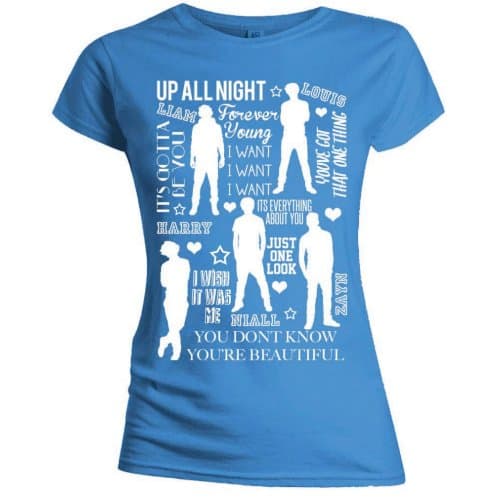 One Direction Ladies Tee: Silhouette Lyrics White on Blue (Skinny Fit) (Large)