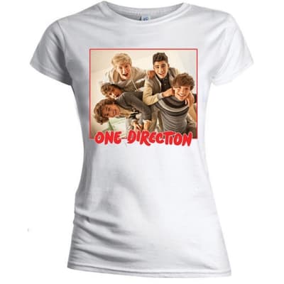 One Direction Ladies T-Shirt: Band Red Border (Skinny Fit) (Large)