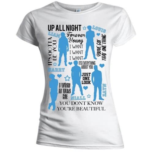 One Direction Ladies Tee: Silhouette Lyrics Blue on White (Skinny Fit) (X-Large)