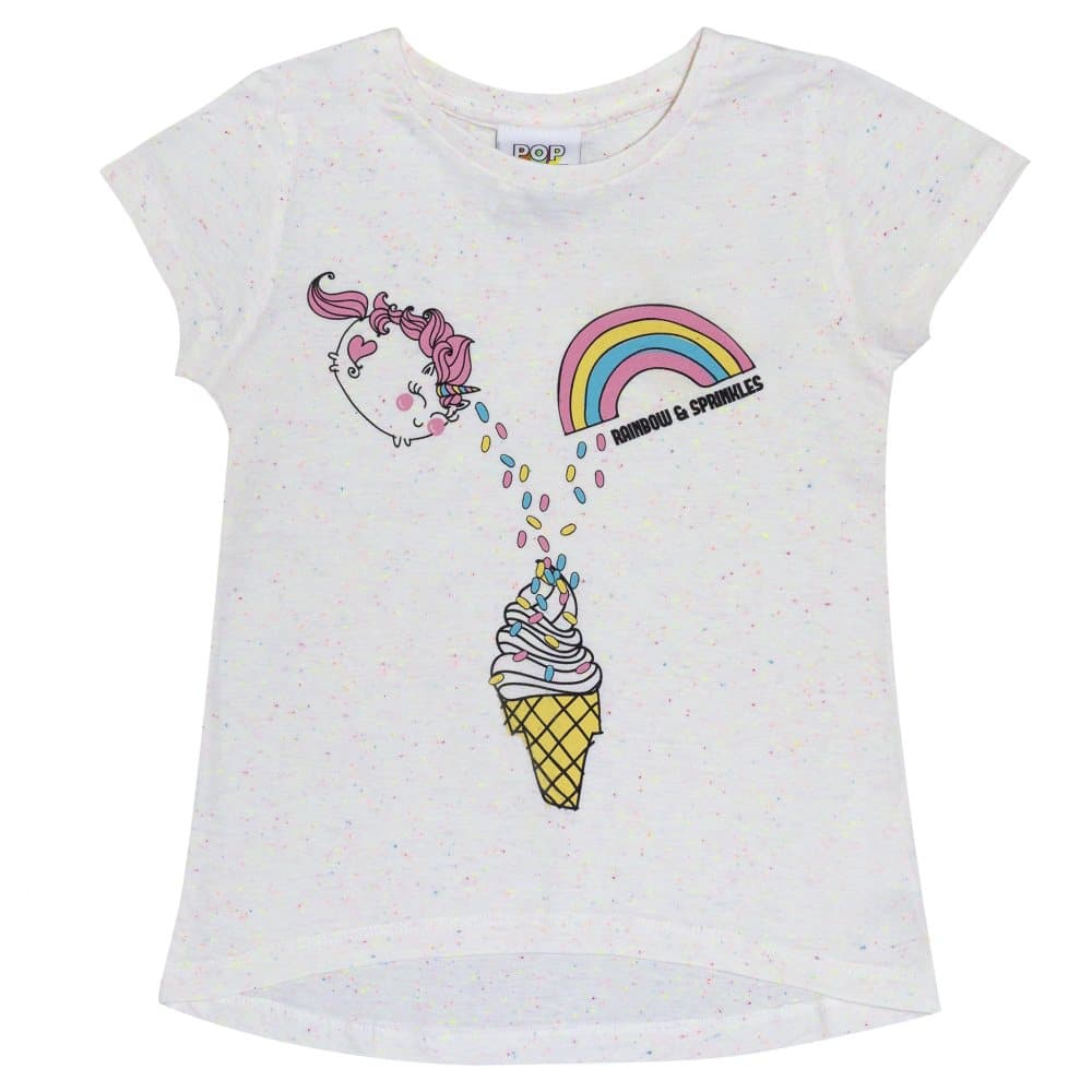 Popgear Flickor Unicorn Rainbow and Sprinkles Drop Hem T-Shirt