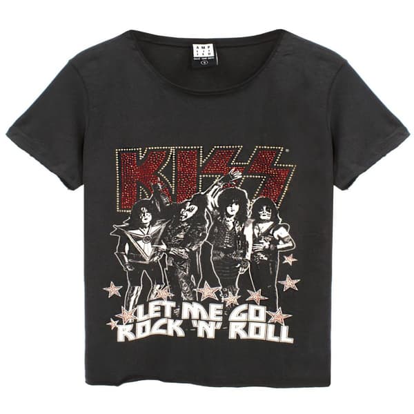 Amplified Kvinnor/Damer Let Me Go Rock N Roll Kiss Diamante T-Shirt Charcoal M