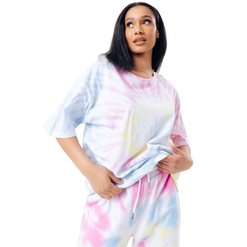 Hype Pastellfärgad regnbågsfärgad T-shirt med logotyp i Tie Dye-motiv för kvinnor och damer