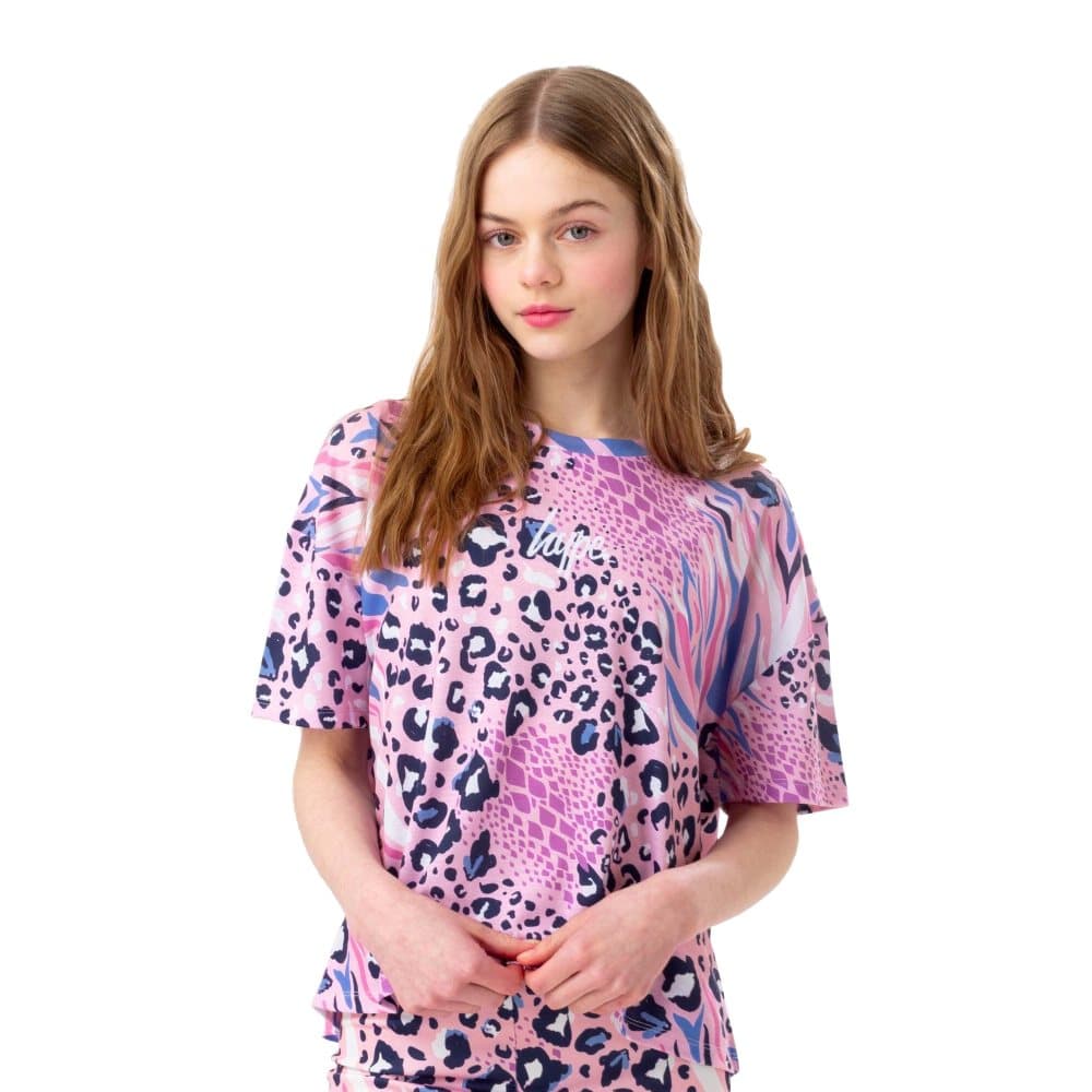 Hype Flickor med abstrakt leopardtryck med droppad axel Boxy T-Shirt