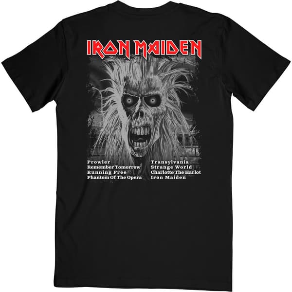 Iron Maiden Unisex vuxen första albumet Track List V.3. T-shirt med tryck på baksidan