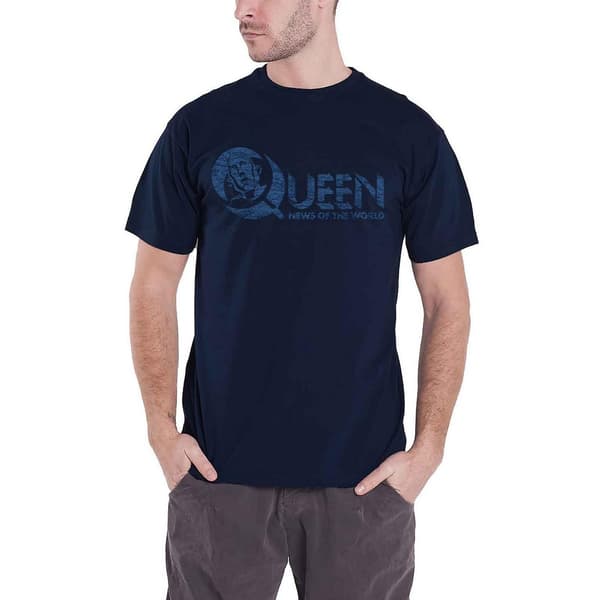 Queen Unisex vuxen News Of The World tillbaka tryck logotyp T-Shirt Navy Blue L