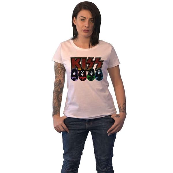 Kiss Dame/Ladies Logo, ansigter og ikoner T-shirt i bomuld