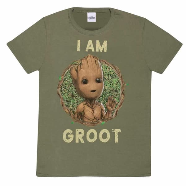 I Am Groot Unisex Adult Baby Groot Badge T-Shirt Olive M