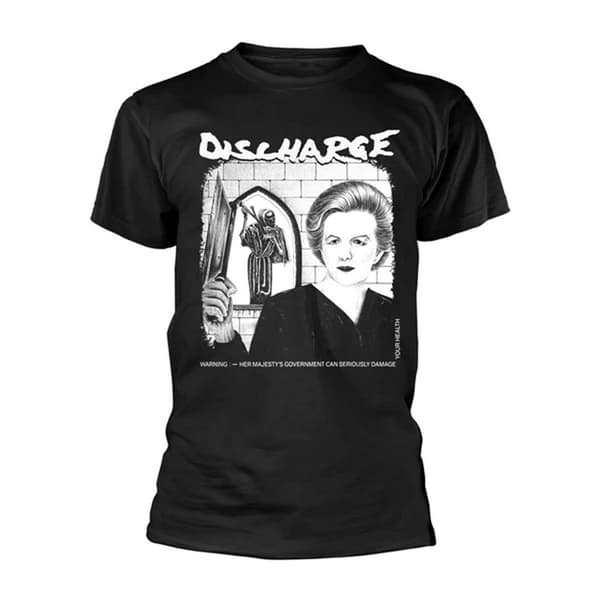 Discharge Unisex vuxen T-shirt med varningstryck på ryggen Black S