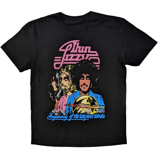 Thin Lizzy Unisex Adult Vagabonds Of The Western World Tracklist Back Print Cotton T-Shirt Black/Blue/Pink L