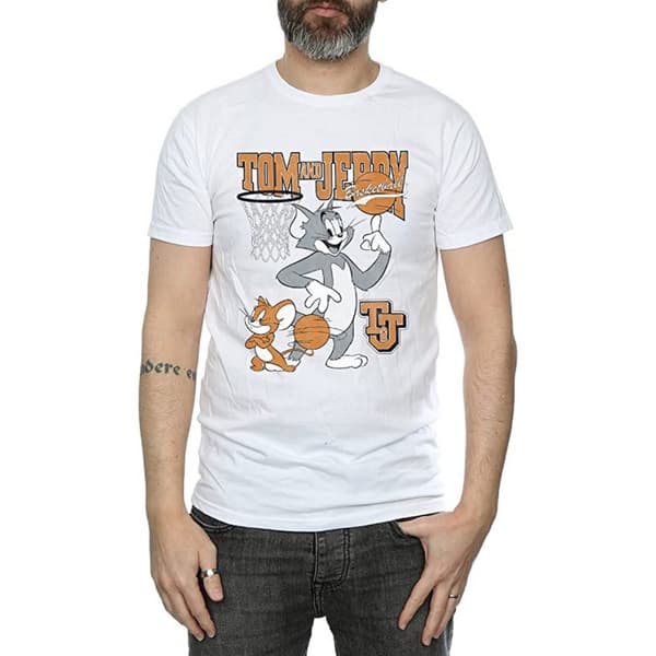 Tom and Jerry Mens Spinning Basketball Cotton T-Shirt