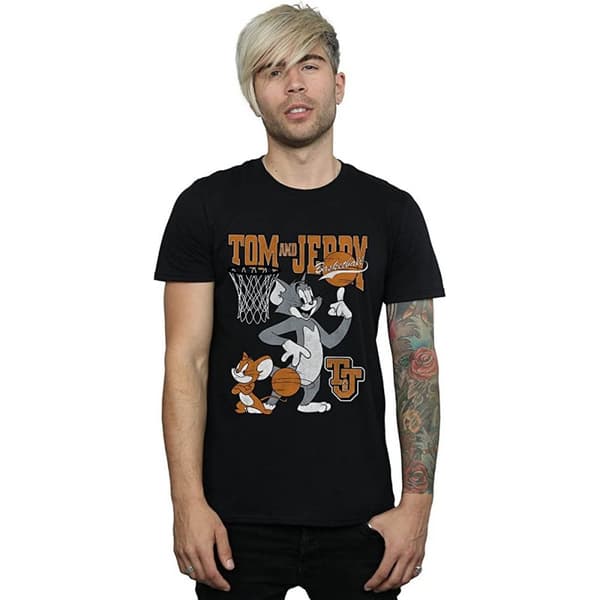 Tom and Jerry Mens Spinning Basketball Cotton T-Shirt