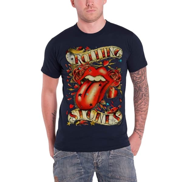 The Rolling Stones Unisex Adult Tongue & Stars Cotton T-Shirt Navy Blue S