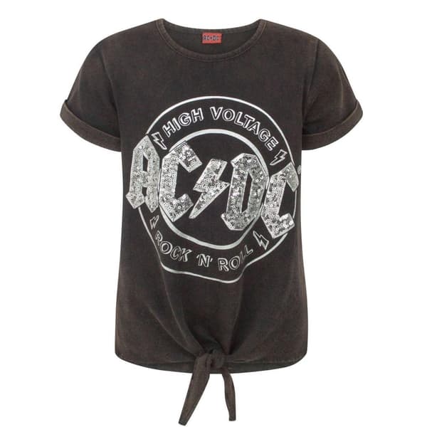 AC/DC Girls High Voltage Front Tie Short-Sleeved T-Shirt Grey 13-14 Years