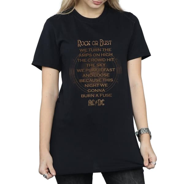 AC/DC Womens/Ladies Rock Or Bust Lyrics Cotton Boyfriend T-Shirt