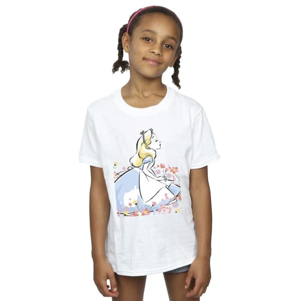 Disney T-shirt i bomull med blommor och skisser från Alice i underlandet