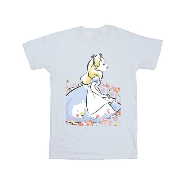 Disney T-shirt i bomull med blommor och skisser från Alice i underlandet