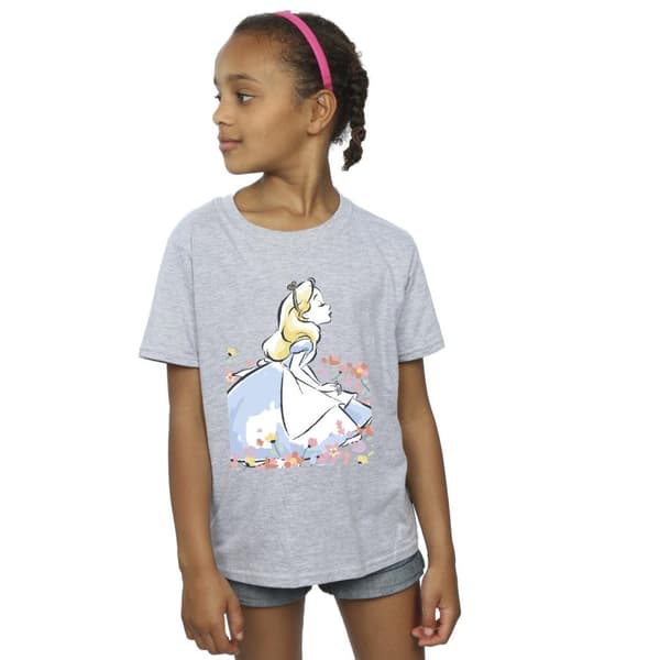 Disney T-shirt i bomull med blommor och skisser från Alice i underlandet