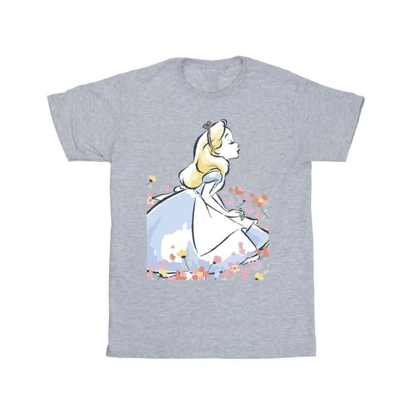 Disney T-shirt i bomull med blommor och skisser från Alice i underlandet