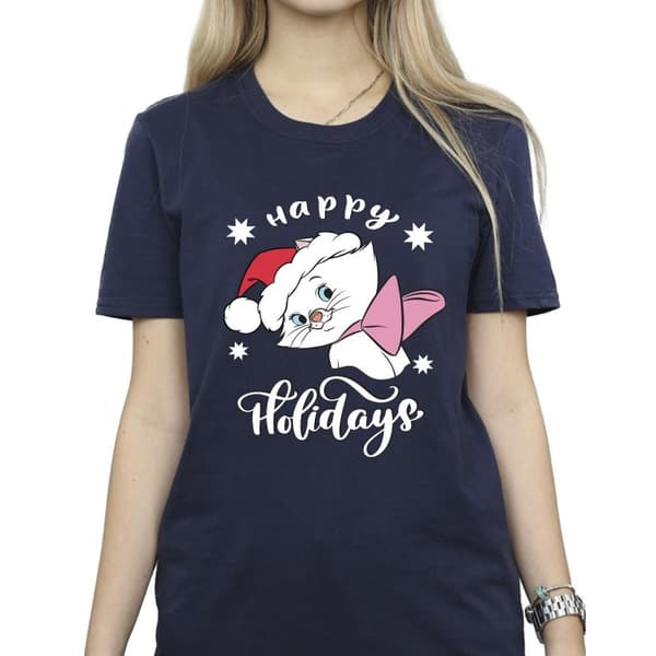 Disney Womens/Ladies The Aristocats Happy Holidays Cotton Boyfriend T-Shirt